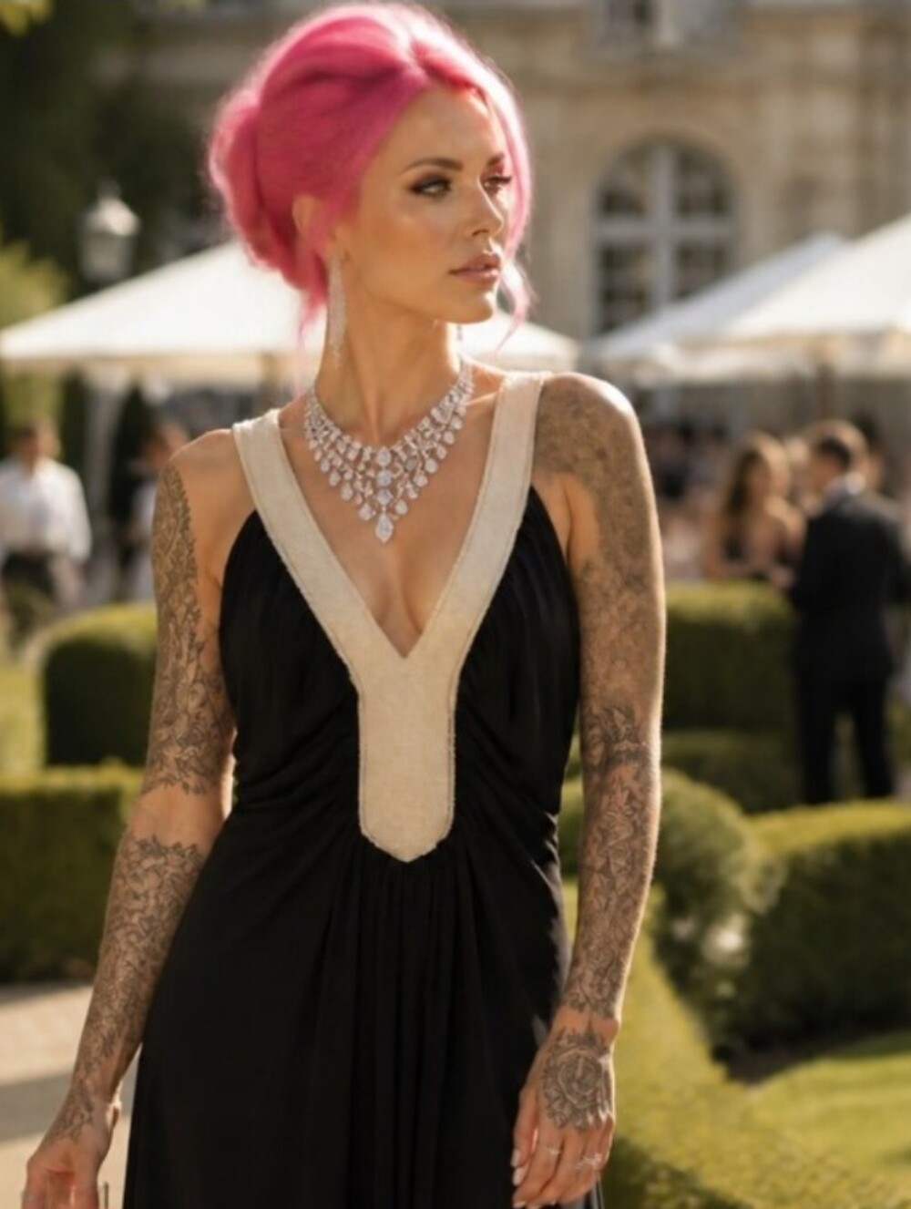 Jessica Howard Black Gown with Cream V-Neck Trim